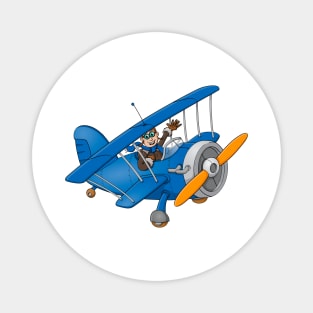 Drawing of a happy pilot in a blue airplane Magnet